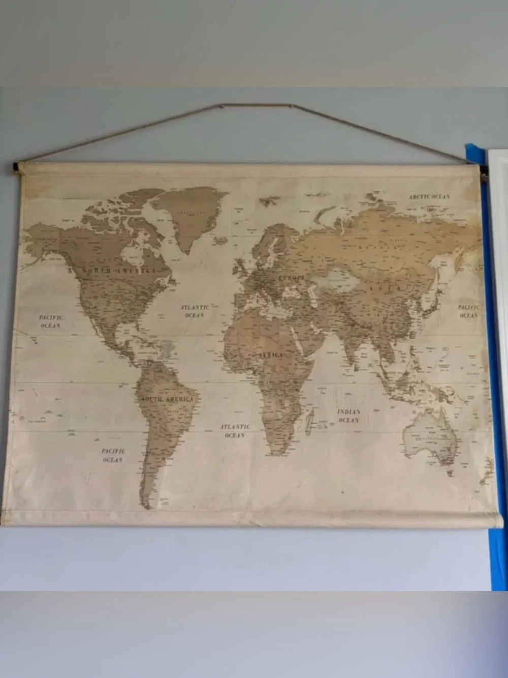 Vintage Style Beige World Map Wall Hanging - Neutral Home Wall Decor